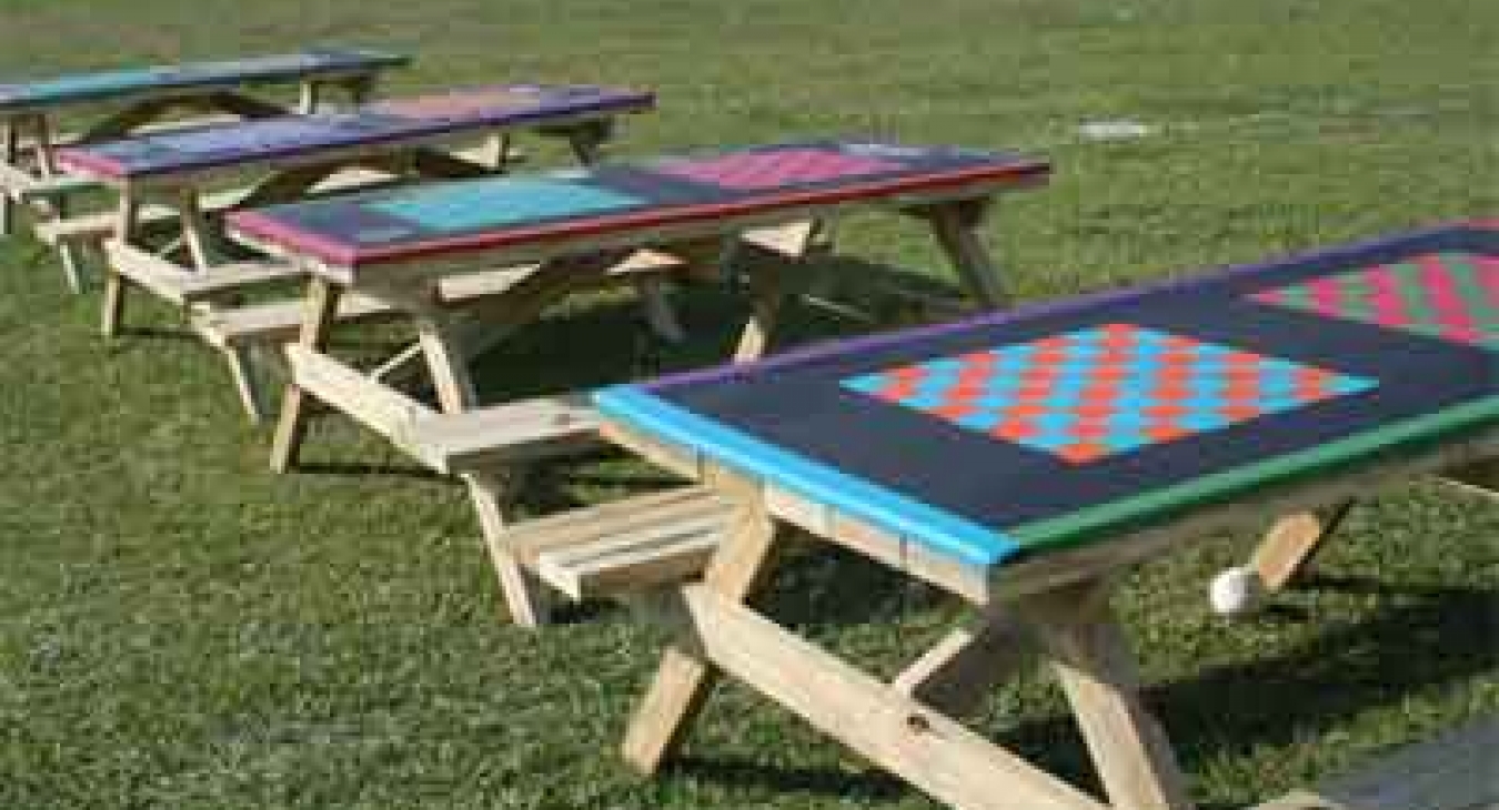 Painted picnic tables for board games